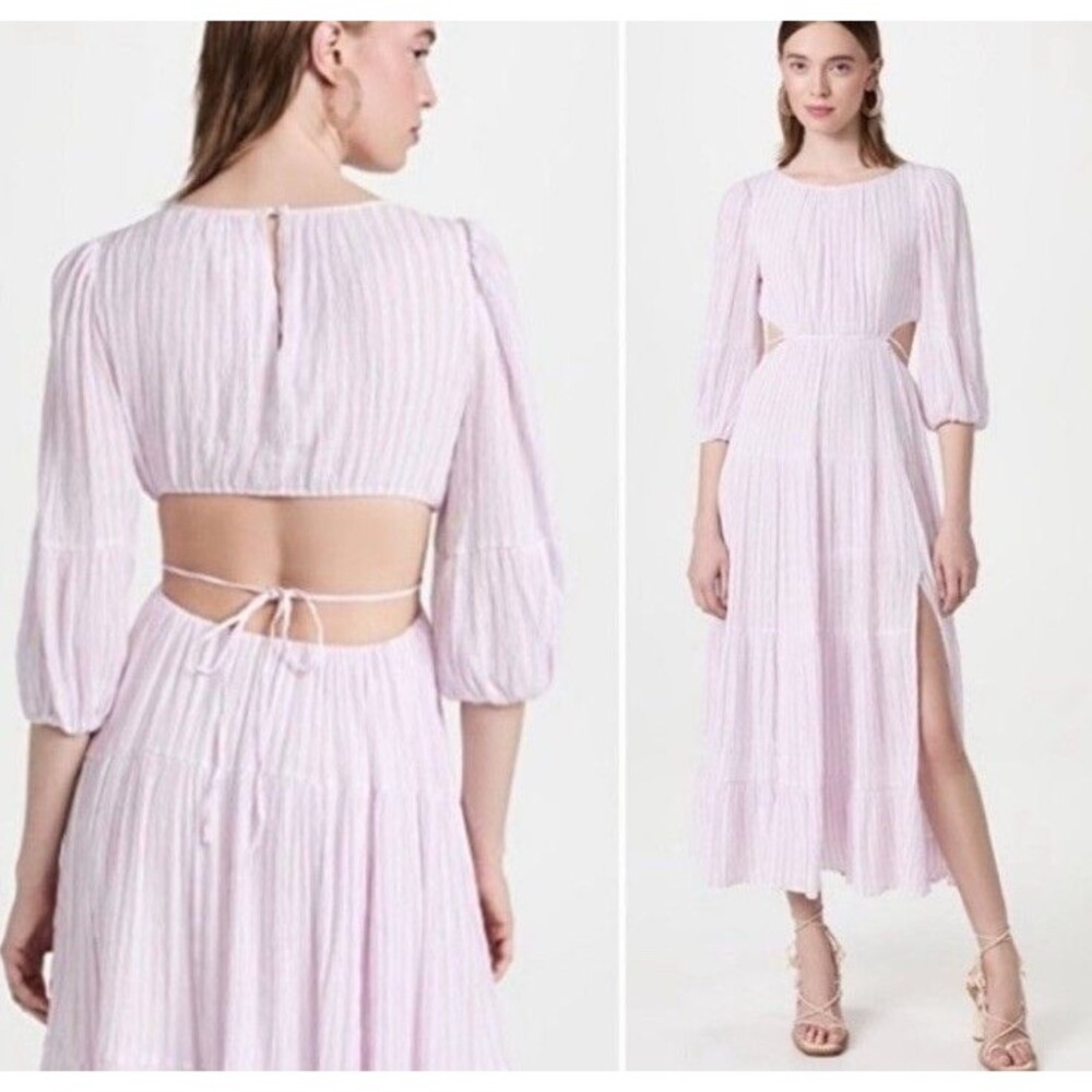 Cinq a’ Sept Lyle Midi Dress Sz 2 Tiered Pink White Stripe Back Cut Out Slit (V4
